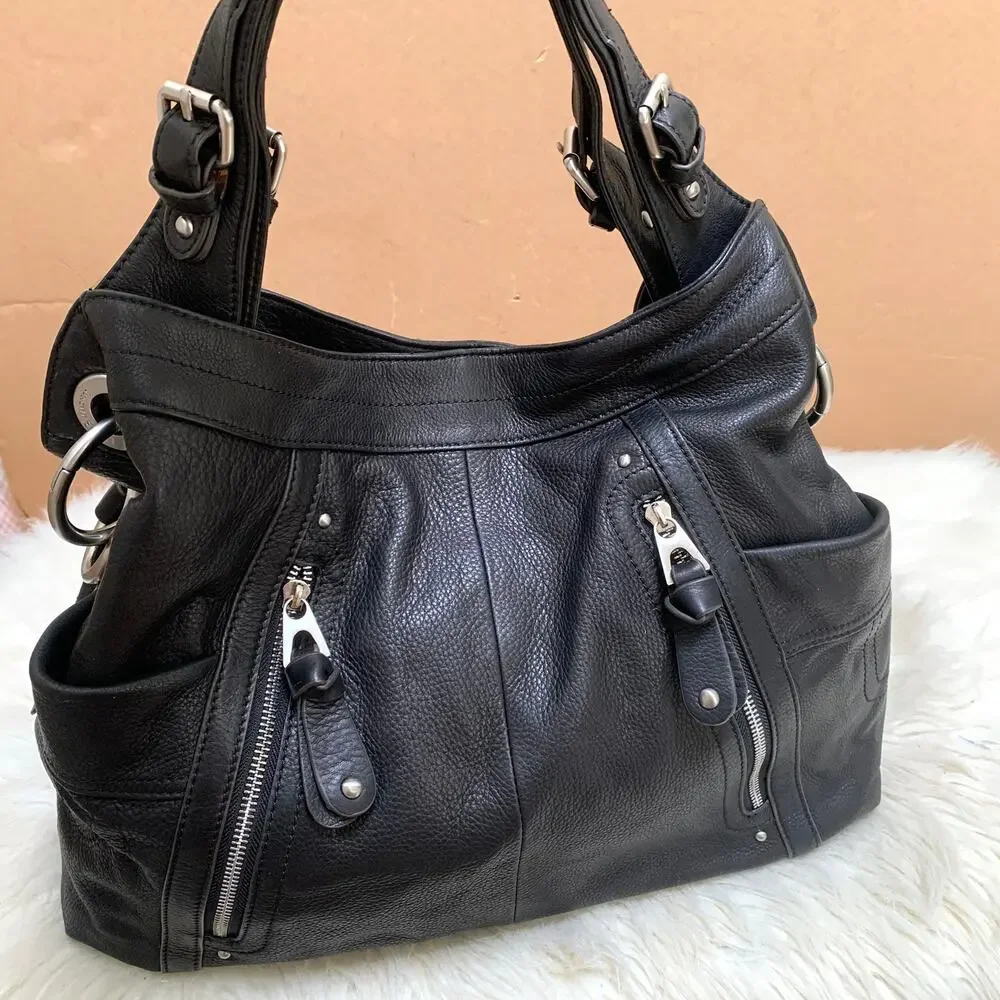 B. MAKOWSKY Extra Large Luxe Black Leather Convertible Shoulder Bag Tote